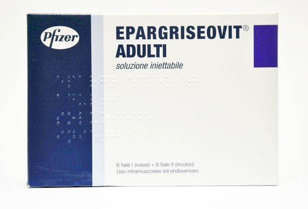 Витамины комплекс Б Эпаргризеовит Италия Epargriseovit Adulti для капельниц дозировка 6 флаконов по 1 мл + 6 флаконов по 1,5 мл